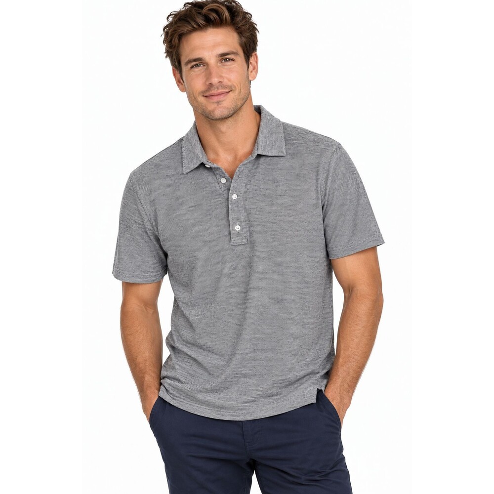 ISAIA Men's Polo Shirt Size Large Grey Microstripe Linen Cotton Made in Italy